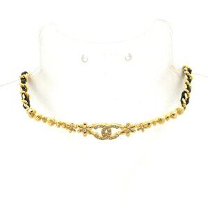 CHANEL Gold Black Clear Hardware Leather Rhinestones Choker